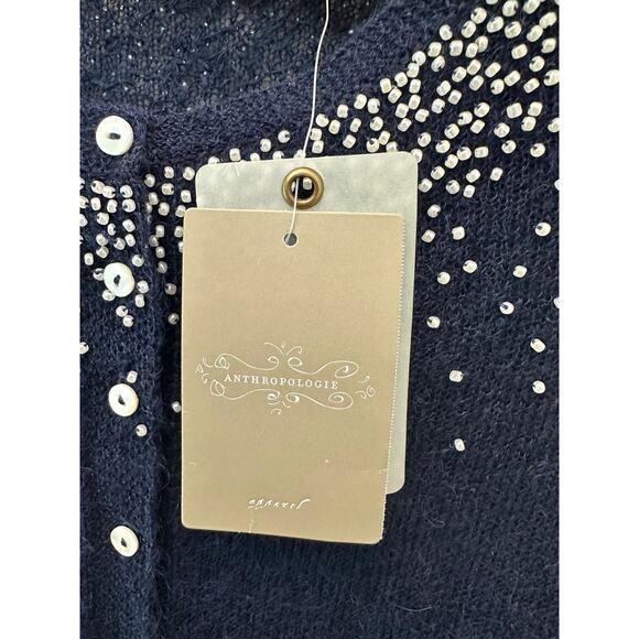 ANTHROPOLOGIE Jane Wheeler Navy Beaded Cardigan NWT Mohair Wool Blend Pearl | XS - Picture 7 of 10